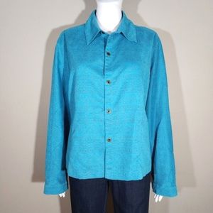 (EUC) CHICO'S DESIGN Turquoise Faux Suede Printed Design Button Down Shirt